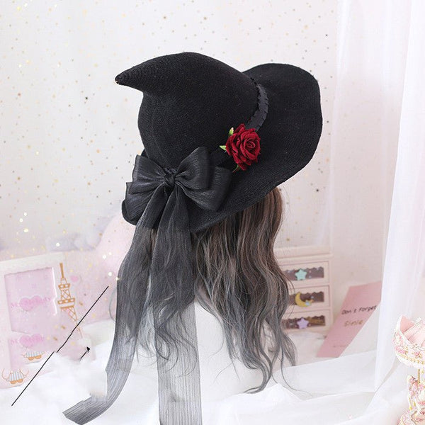 Lolita Halloween Retro Witch Hat Masquerade Rose Big Bow Wizard Hat Gothic Magical Girl Hat Cosplay Accessories Party Decor - Yahko Merchandise