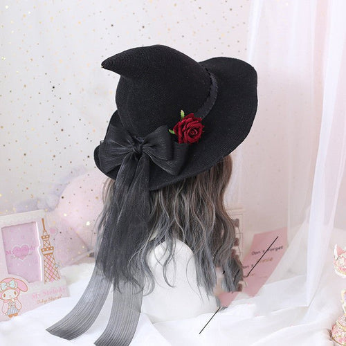 Lolita Halloween Retro Witch Hat Masquerade Rose Big Bow Wizard Hat Gothic Magical Girl Hat Cosplay Accessories Party Decor - Yahko Merchandise