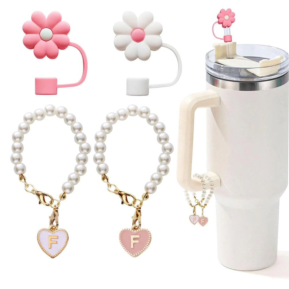 LUHOHI 4pcs Charms for Stanley Cup，Pearl Chain Accessories Stanley Cup Initial Letter Charms for Handle with 2pcs straw covers Stuff Decor Water Bottle Jewelry Tumbler Personalized Decorations ID Q - Yahko Merchandise