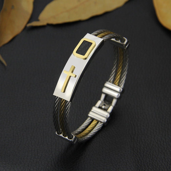 Men's Bracelet 3 Rows Wire Chain Bracelets Bangles Fashion Punk Stainless Steel Cross Bracelet Men Christian Men Jewelry - Yahko Merchandise