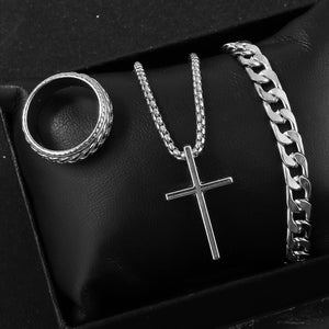Men's Cross Necklace Ring Bracelet Suit - Yahko Merchandise