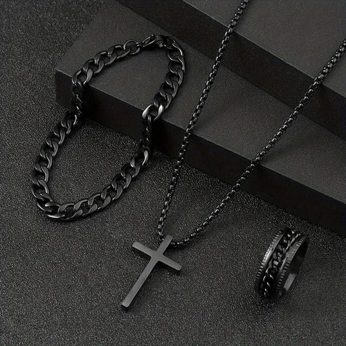 Men's Cross Necklace Ring Bracelet Suit - Yahko Merchandise