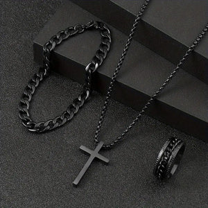 Men's Cross Necklace Ring Bracelet Suit - Yahko Merchandise