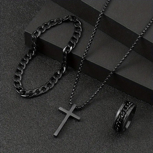 Men's Cross Necklace Ring Bracelet Suit - Yahko Merchandise