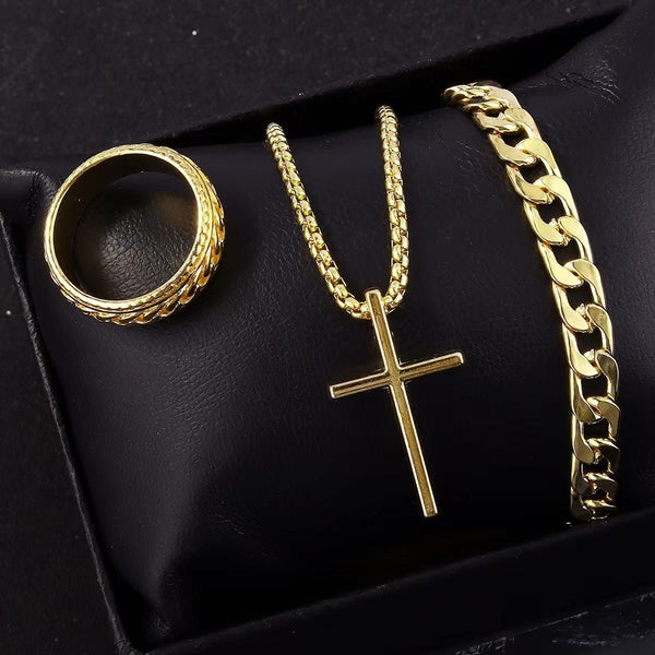 Men's Cross Necklace Ring Bracelet Suit - Yahko Merchandise