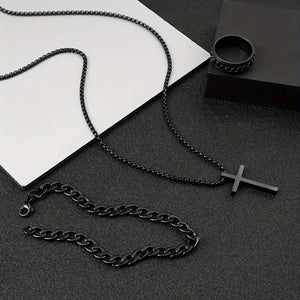 Men's Cross Necklace Ring Bracelet Suit - Yahko Merchandise