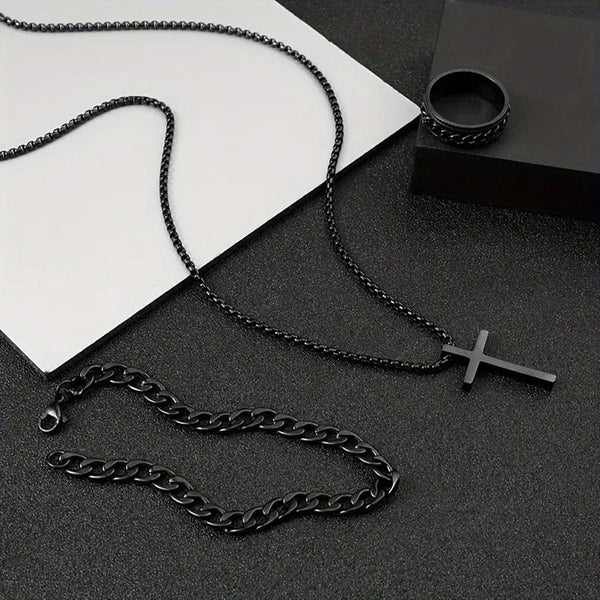 Men's Cross Necklace Ring Bracelet Suit - Yahko Merchandise