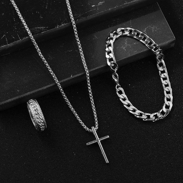 Men's Cross Necklace Ring Bracelet Suit - Yahko Merchandise