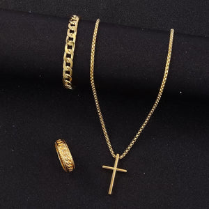 Men's Cross Necklace Ring Bracelet Suit - Yahko Merchandise