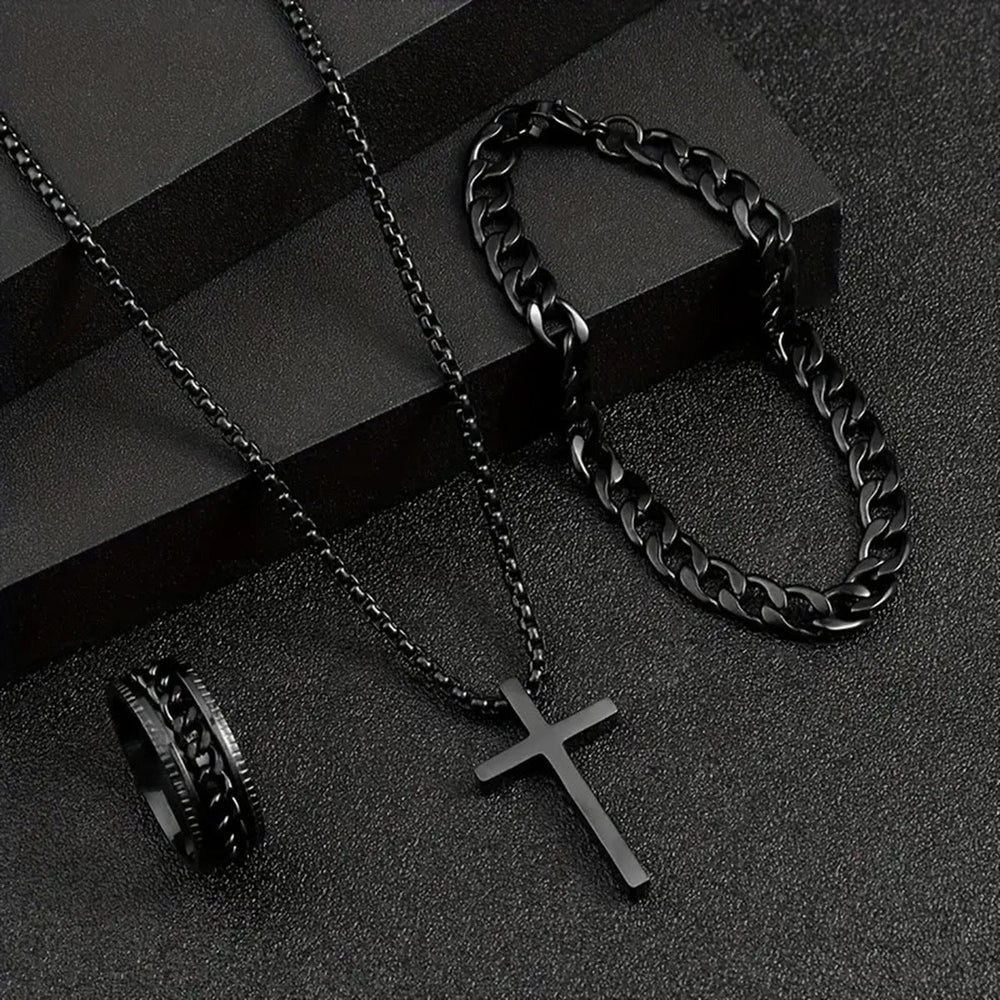 Men's Cross Necklace Ring Bracelet Suit - Yahko Merchandise