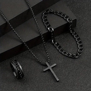 Men's Cross Necklace Ring Bracelet Suit - Yahko Merchandise