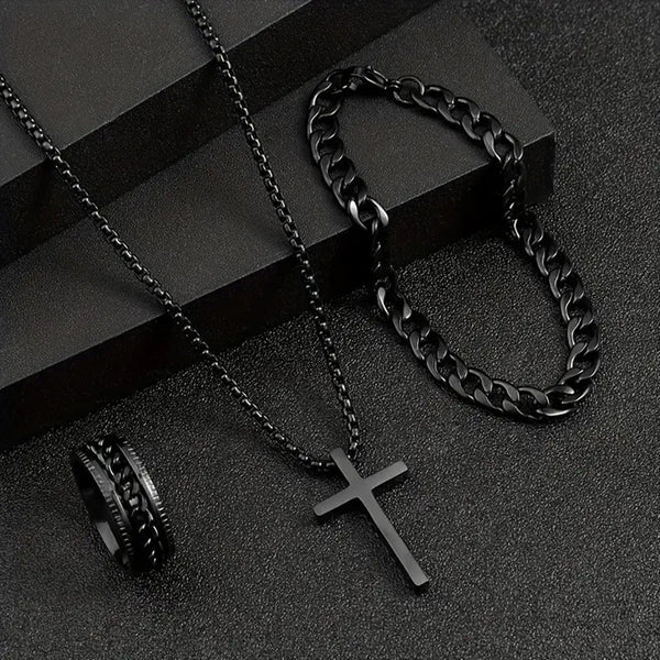 Men's Cross Necklace Ring Bracelet Suit - Yahko Merchandise