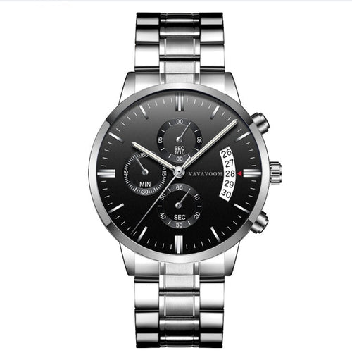 Men''s Stainless Steel Watches with Business Leisure Calendar Quartz Watches Waterproof Black Refined Steel Watches - Yahko Merchandise