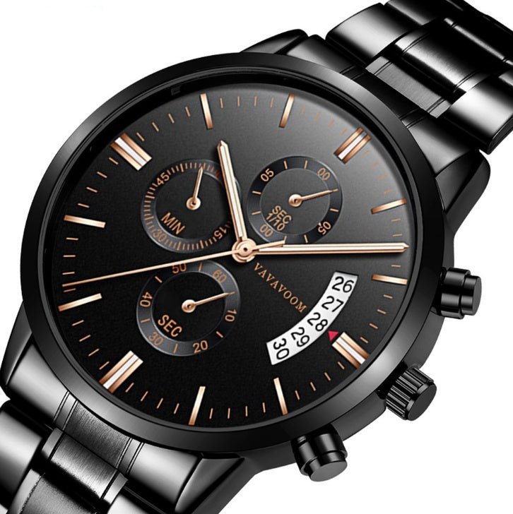 Men''s Stainless Steel Watches with Business Leisure Calendar Quartz Watches Waterproof Black Refined Steel Watches - Yahko Merchandise