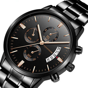 Men''s Stainless Steel Watches with Business Leisure Calendar Quartz Watches Waterproof Black Refined Steel Watches - Yahko Merchandise