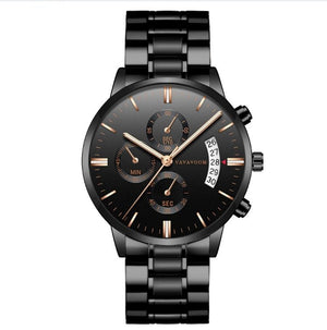 Men''s Stainless Steel Watches with Business Leisure Calendar Quartz Watches Waterproof Black Refined Steel Watches - Yahko Merchandise