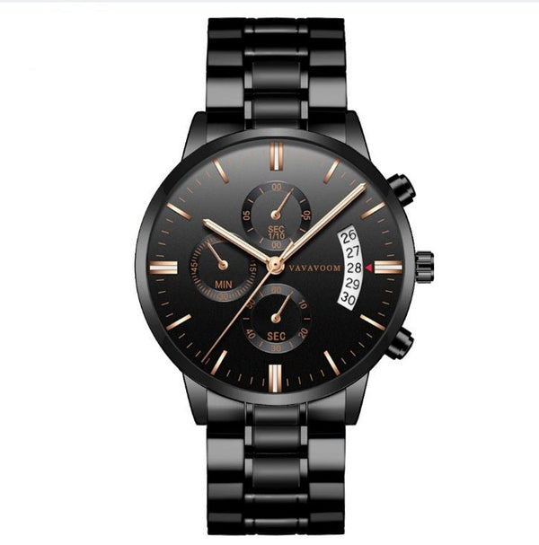 Men''s Stainless Steel Watches with Business Leisure Calendar Quartz Watches Waterproof Black Refined Steel Watches - Yahko Merchandise