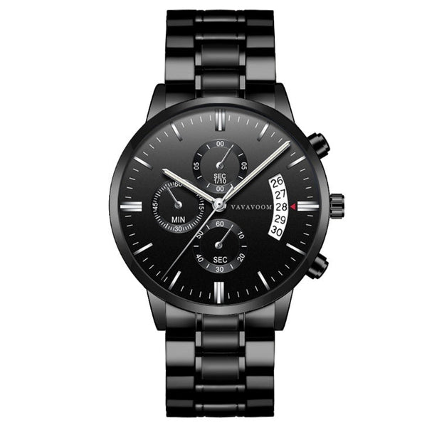 Men''s Stainless Steel Watches with Business Leisure Calendar Quartz Watches Waterproof Black Refined Steel Watches - Yahko Merchandise