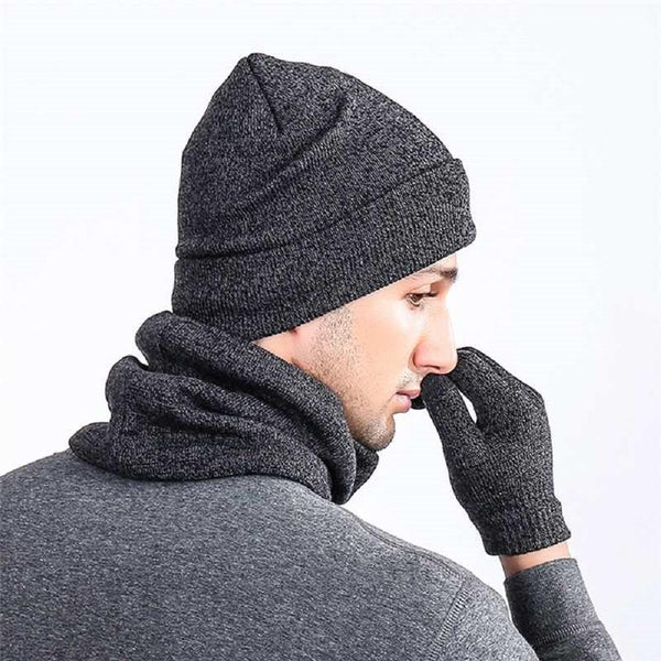 Mens Winter Beanie Hat And Neck Scarf Warmer Touch Screen Gloves Set - Yahko Merchandise