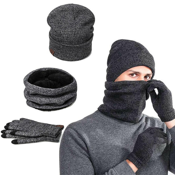 Mens Winter Beanie Hat And Neck Scarf Warmer Touch Screen Gloves Set - Yahko Merchandise