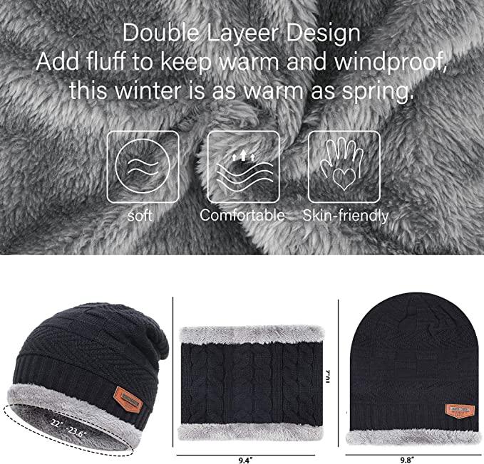 Mens Womens Winter Beanie Hat Scarf Set Warm Knit Hat Thick Fleece - Yahko Merchandise