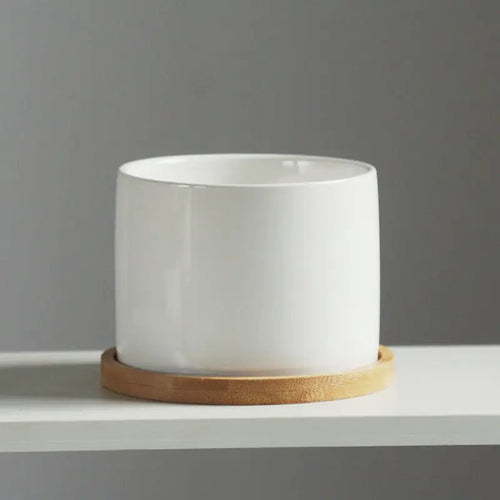 Minimalist Ceramic Flower Pot with Bamboo Stand - Yahko Merchandise