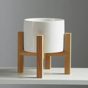 Minimalist Ceramic Flower Pot with Bamboo Stand - Yahko Merchandise
