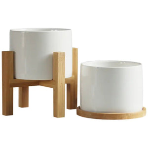 Minimalist Ceramic Flower Pot with Bamboo Stand - Yahko Merchandise