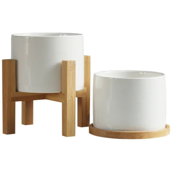 Minimalist Ceramic Flower Pot with Bamboo Stand - Yahko Merchandise