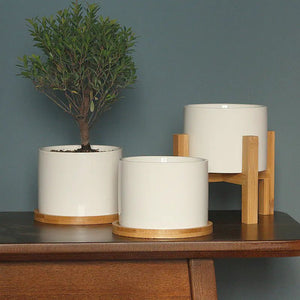 Minimalist Ceramic Flower Pot with Bamboo Stand - Yahko Merchandise