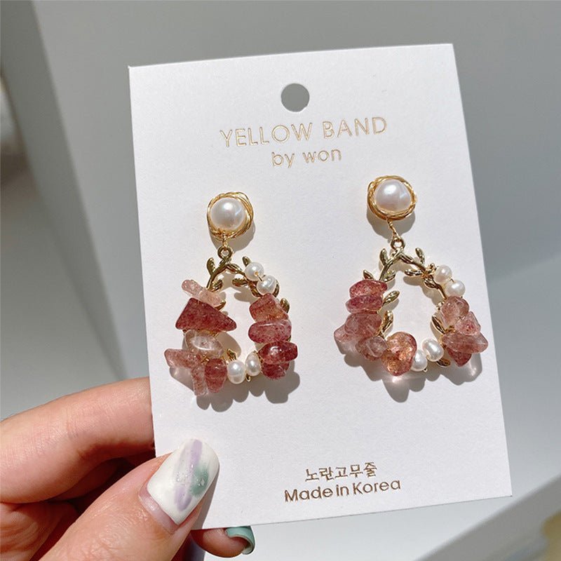 Pearl Earrings Temperament Super Fairy Crystal Net Red Earrings Design Leaf Earrings - Yahko Merchandise
