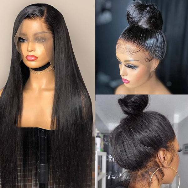 Real Human Hair Lace Wig Set Straight Hair Black Medium Length - Yahko Merchandise