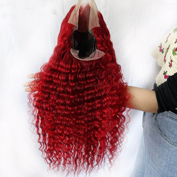 Red Deep Wave Human Hair Wig Real Headgear - Yahko Merchandise