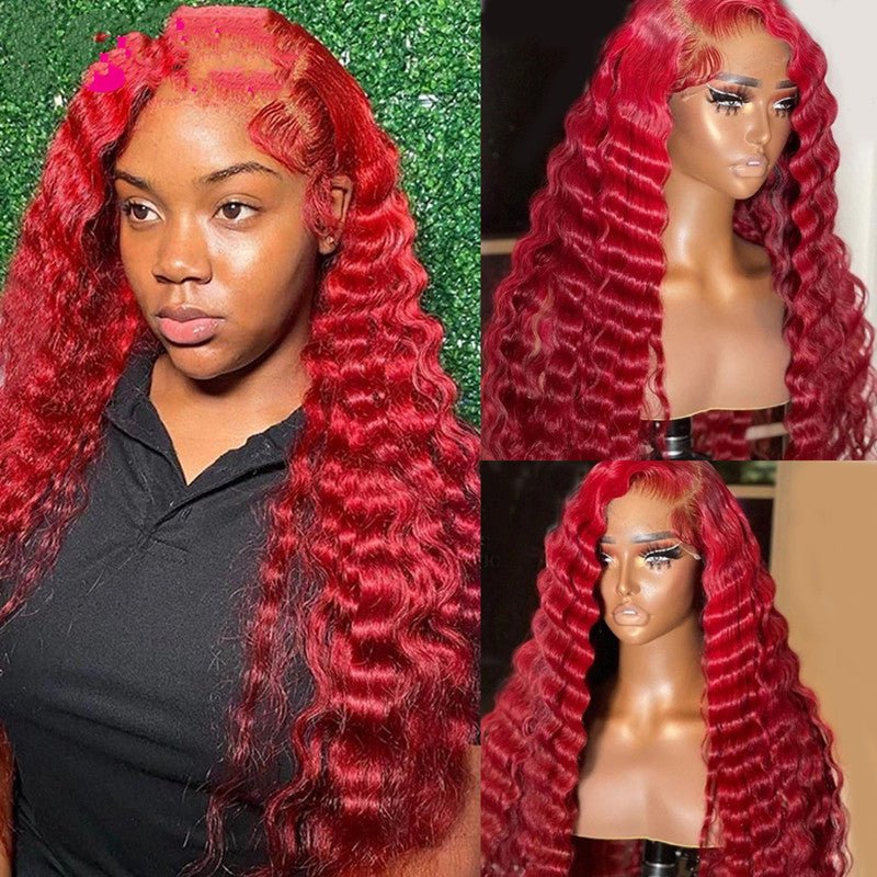 Red Deep Wave Human Hair Wig Real Headgear - Yahko Merchandise