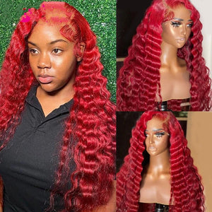 Red Deep Wave Human Hair Wig Real Headgear - Yahko Merchandise