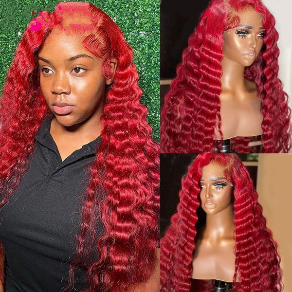 Red Deep Wave Human Hair Wig Real Headgear - Yahko Merchandise