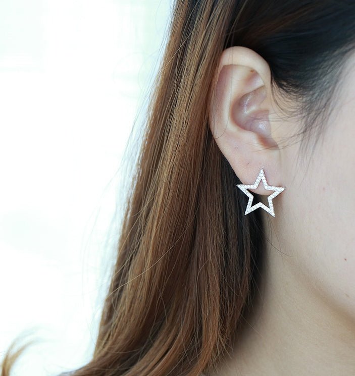 S925 sterling silver Japanese and Korean jewelry creative explosion models micro inlaid five - pointed star stud earrings earrings silver jewelry - Yahko Merchandise