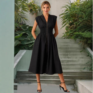 Sexy Waist Trimming Temperament V - Neck Zip Placket Dress Clothing - Yahko Merchandise