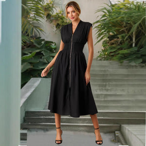 Sexy Waist Trimming Temperament V - Neck Zip Placket Dress Clothing - Yahko Merchandise