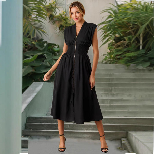 Sexy Waist Trimming Temperament V - Neck Zip Placket Dress Clothing - Yahko Merchandise