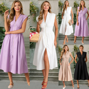 Sexy Waist Trimming Temperament V - Neck Zip Placket Dress Clothing - Yahko Merchandise
