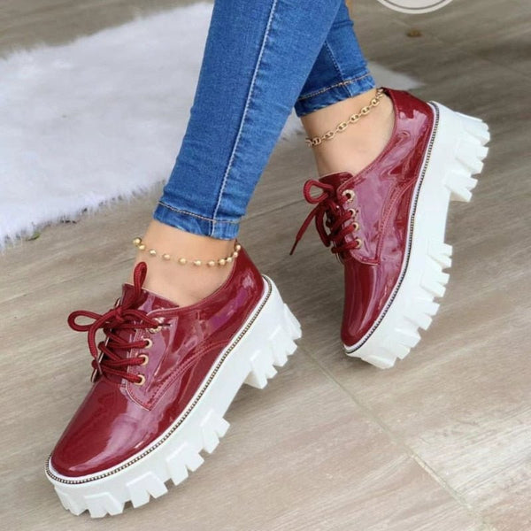 Thick Heel Flat Platform Oxford Women Shoes Pink/Red/Black - Yahko Merchandise