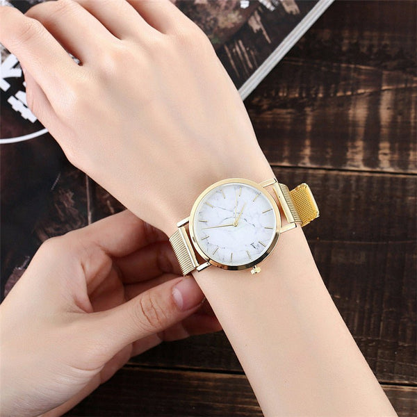 Vansvar fashion brand silver and gold mesh band creative marble wristwatch casual women quartz watches gift relogio feminino - Yahko Merchandise