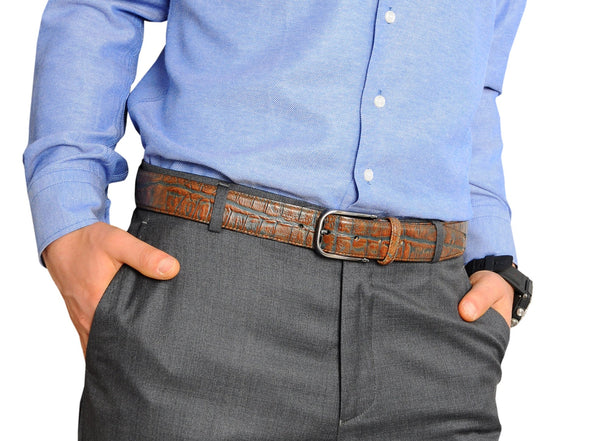 Vegas Brown Blue Leather Men Belt - Yahko Merchandise