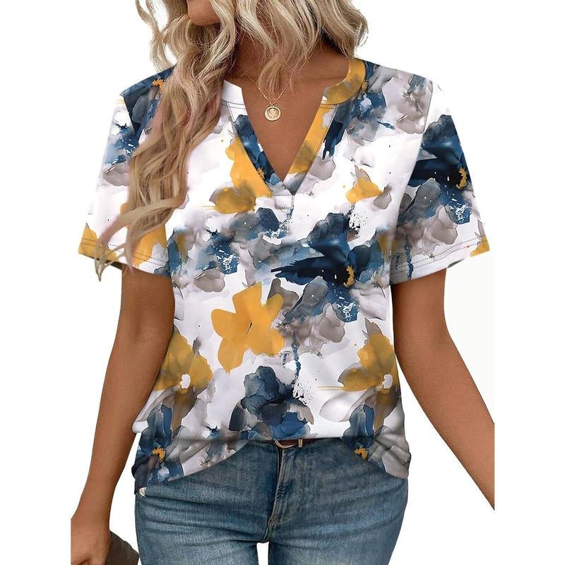 WIHOLL Womens Tops Summer Short Sleeve V Neck Blouses Business Casual Loose Fit Tshirts Trendy Fashion Outfits Shortsleeve Everyday - Yahko Merchandise