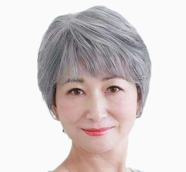 Women's Flower White Short Straight Top Old Flower White Mixed Human Hair Wigs - Yahko Merchandise