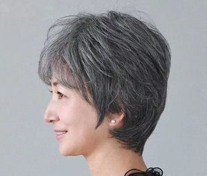 Women's Flower White Short Straight Top Old Flower White Mixed Human Hair Wigs - Yahko Merchandise