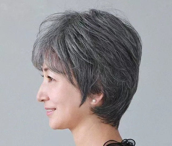 Women's Flower White Short Straight Top Old Flower White Mixed Human Hair Wigs - Yahko Merchandise