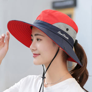 Womens UV Protection Wide Brim Sun Hats Cooling Mesh Ponytail Hole Cap - Yahko Merchandise