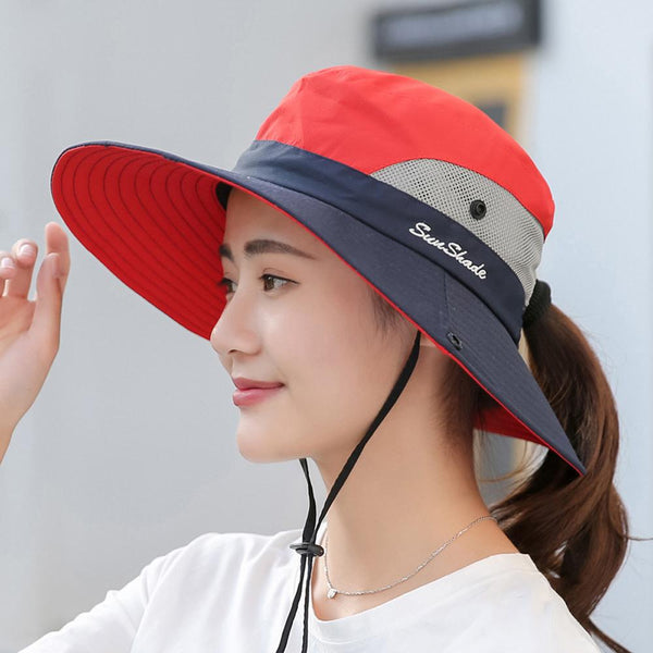 Womens UV Protection Wide Brim Sun Hats Cooling Mesh Ponytail Hole Cap - Yahko Merchandise